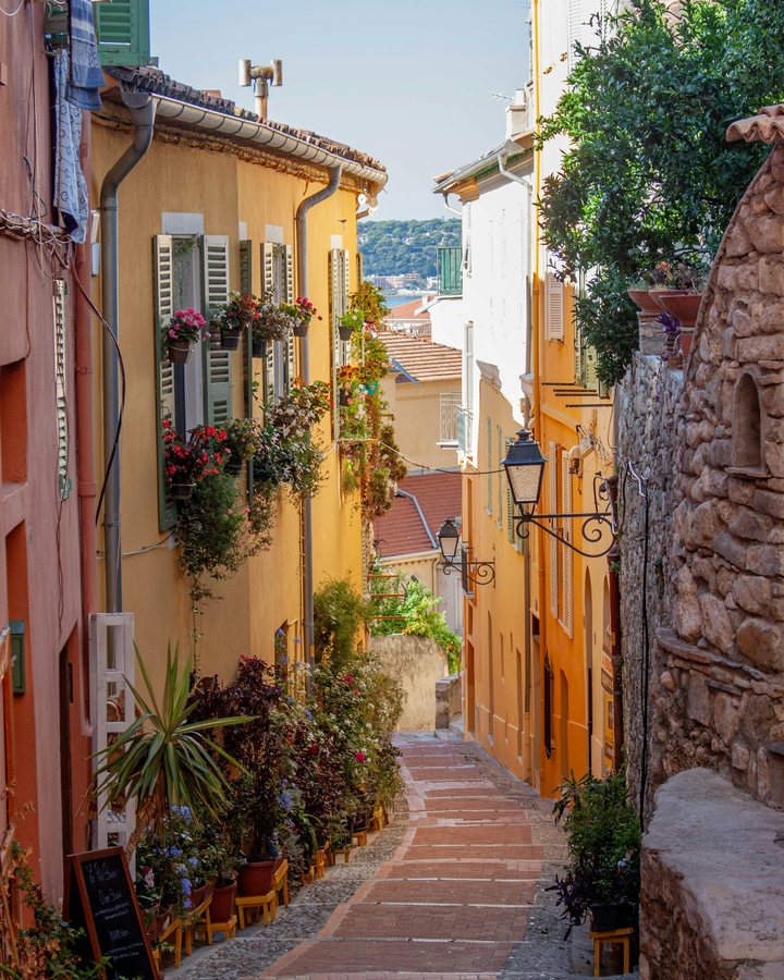 Une ruelle en escalier de la vieille ville de Menton, façades ocre et plantes en pots